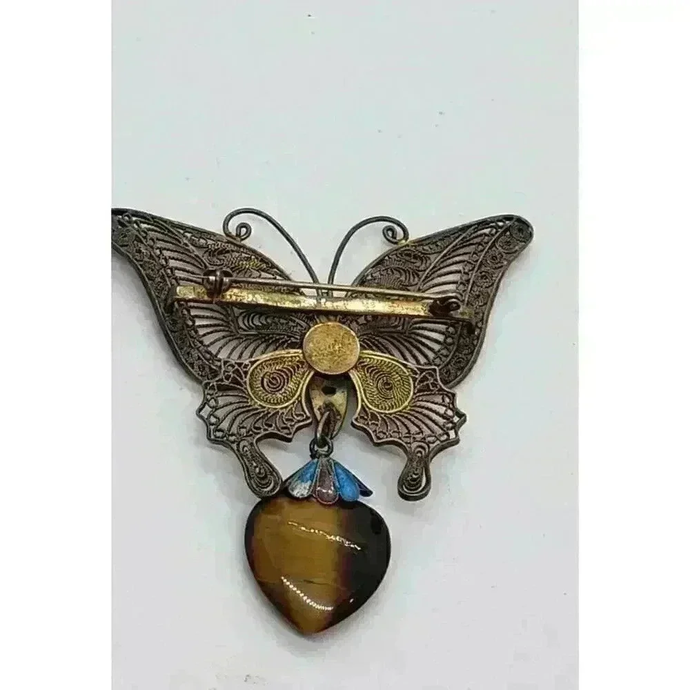 Vintage BIG Butterfly Brooch Silver Filigree Enamel Tigers Eye 30s 40s Art Deco